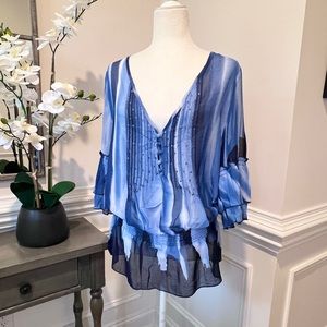 Alberto Makali Blue Tie Dye Semi-Sheer 3/4 Sleeve Blouse with Peplum Size Large